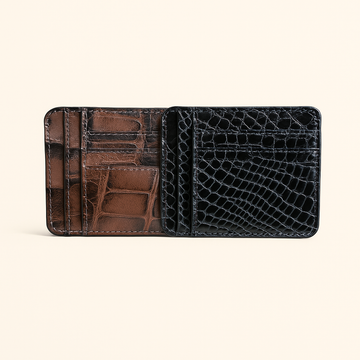 Summit & Selva Gloss Black and Vintage Dark Brown crocodile card holder featuring textured exotic leather and clean edges
