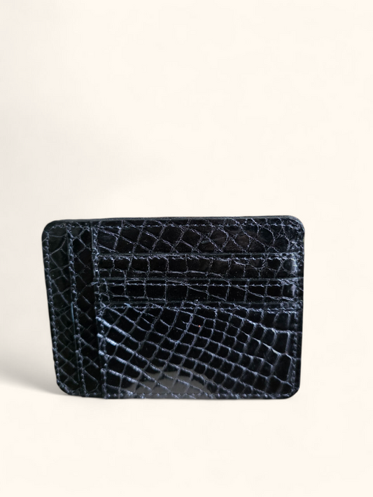 Summit & Selva Gloss Black crocodile card holder featuring textured exotic leather and clean edges