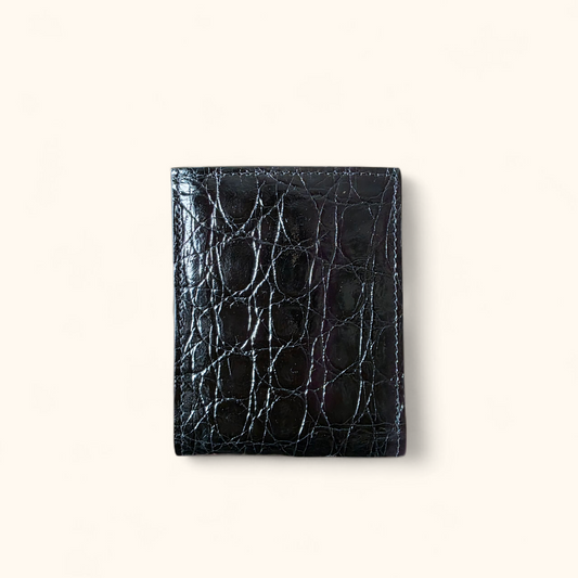 Summit and Selva exotic Gloss Black crocodile leather wallet with high-shine finish and defined flank texture