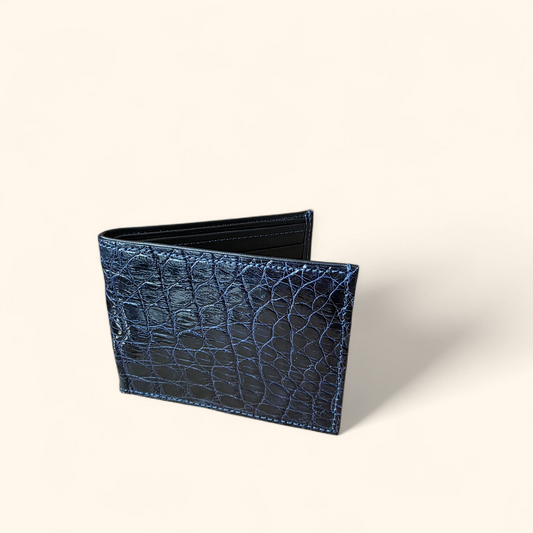 Summit and Selva exotic Gloss Navy Blue crocodile leather wallet with high-shine finish and defined flank texture