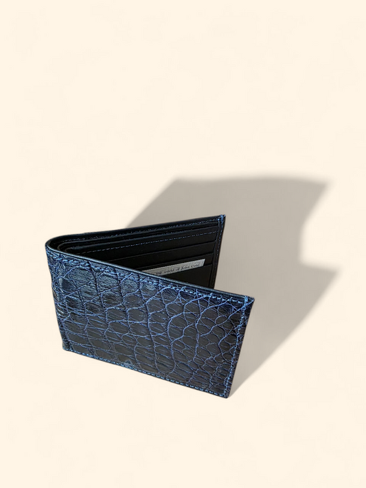 Summit and Selva Gloss Navy Blue crocodile leather wallet with high-shine finish and defined flank texture