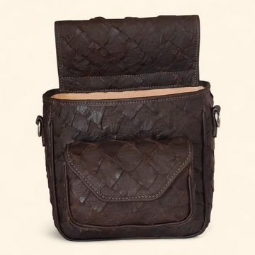 Summit & Selva dark brown paiche shotgun shell pouch handcrafted by Bolivian artisans