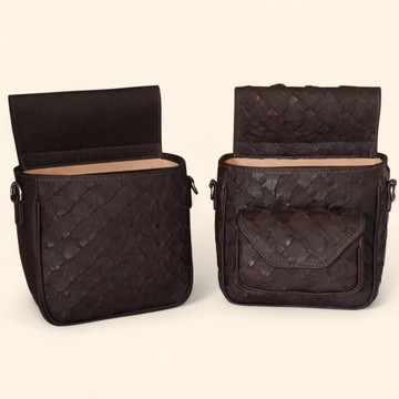Summit & Selva dark brown paiche shotgun shell pouch handcrafted by Bolivian artisans